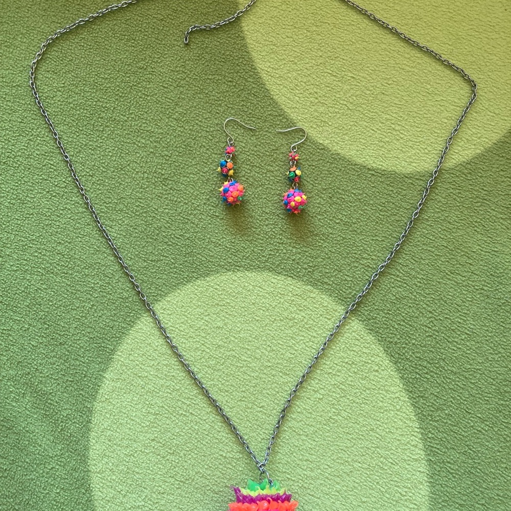Claire's Multicolor Pom-Pom Pendant Necklace with Matching Drop Earrings